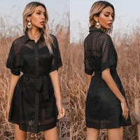 Summer Fashion Lace Up Black Solid Hollow Mesh See-through High Street Gauze Above Knee Cloak Sleeves Stand Collar Women Dress