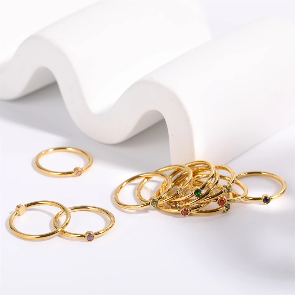 

Popular Birth Stone Inlaid Colorful Zircon Ring Titanium Steel Plating 18K Gold Ring For Women High Quality Jewelry Party Gift
