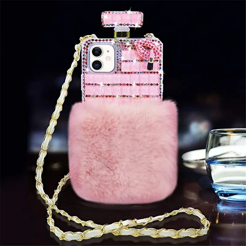 

Luxury Diamond Rabbit Fur Chain Bling Perfume Bottle Case Cover For iphone 15Plus 14Pro 13 12mini 11 Pro MAX XS MAX XR 7 8 PLUS