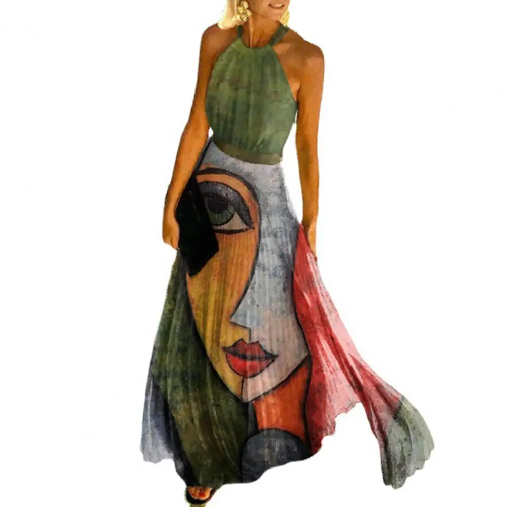 

2022 Sexy Boho Abstract Art Print Party Dress Women Retro Halter Off Shoulder Long Dress Summer Fashion Sleeveless Pleated Dress