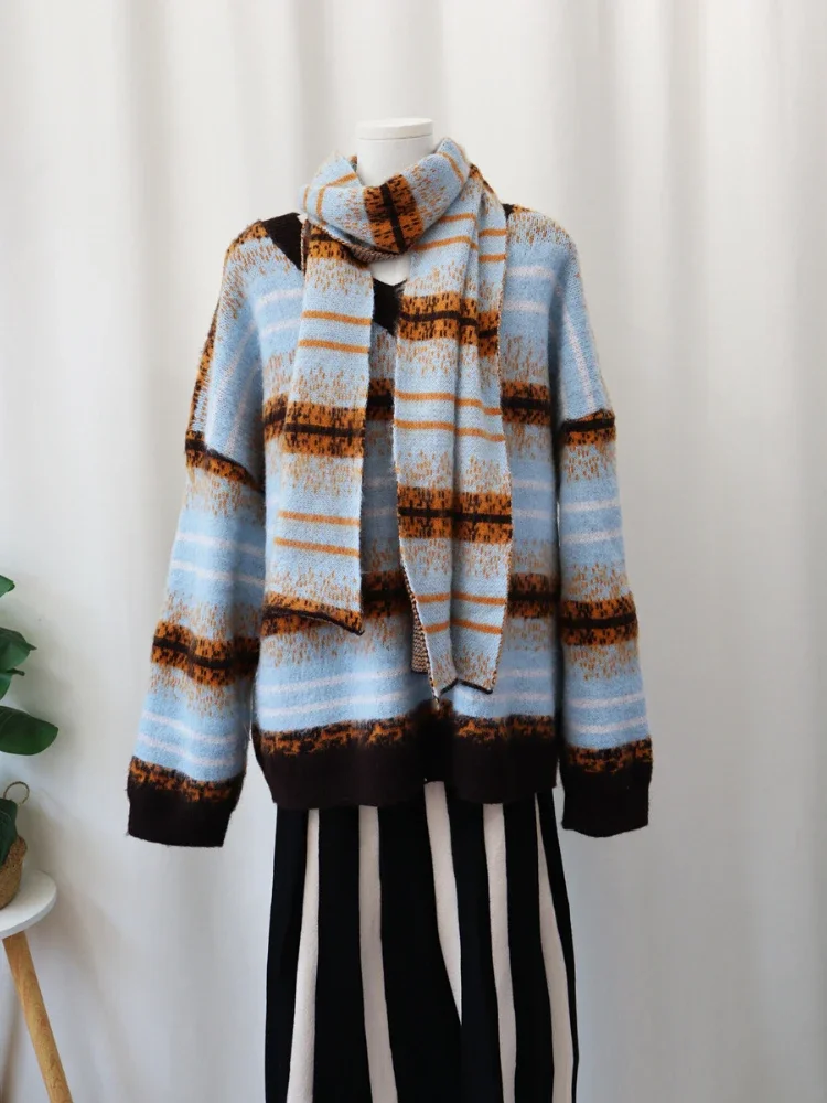 Осенний новый контрастный цвет в корейском стиле свободный шарф ленивом свитер