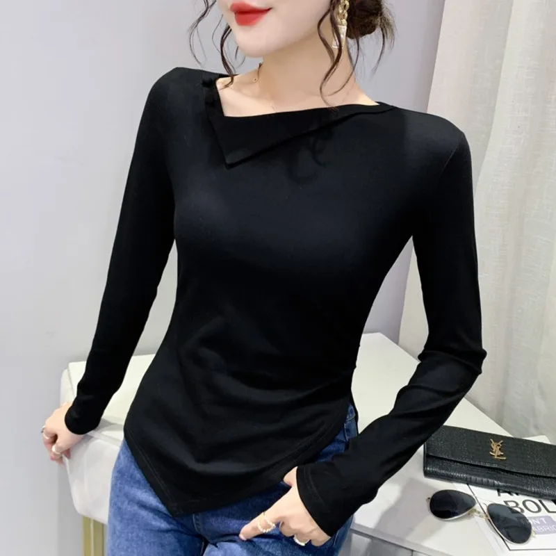

#5669 Black Red Khaki Irregular T Shirt Women Skew Collar Sexy Basic T Shirt Female Long Sleeve Slim Cotton Casual Women T Shirt
