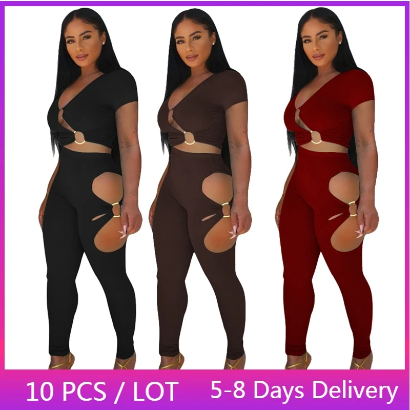 

Wholesale Items Hollow Out Sexy 2 Piece Set Women Summer Short Sleeve Crop Top and Pant Set Solid Skinny Club Outfits for Women