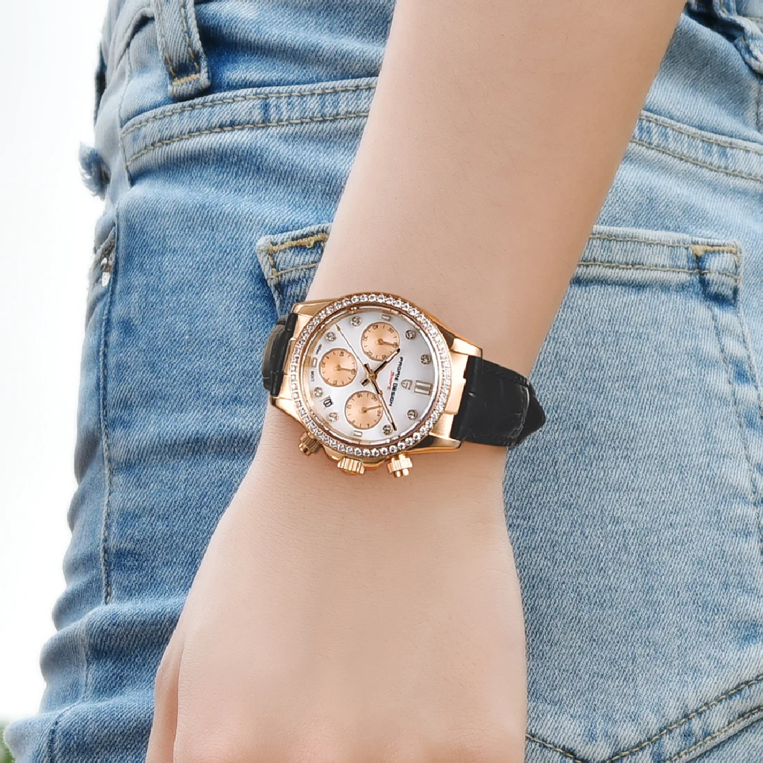 

Часы PAGANI женские с хронографом, брендовые Роскошные спортивные водонепроницаемые золотистые с кожаным ремешком