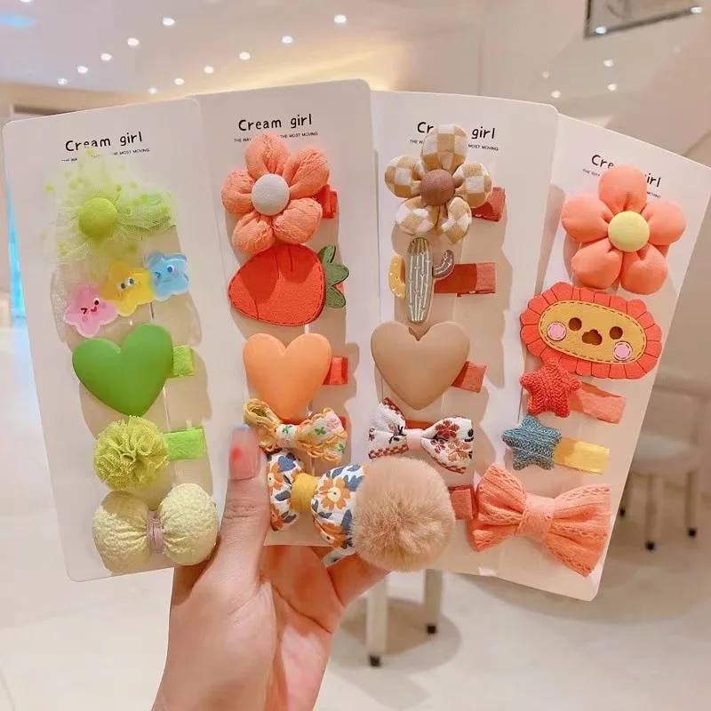 

[5-Piece Set] Children's Sweet Cute Cartoon Fabric Flower Hairpins Baby Bangs Clips Girls Do Not Hurt Hair Headdress Wholesale