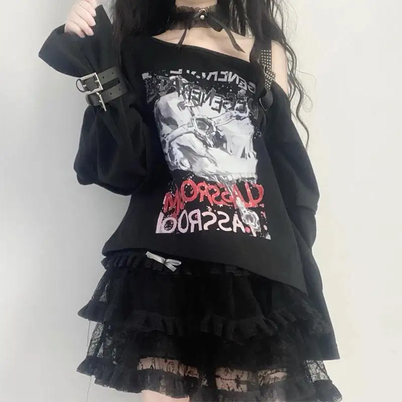 

Detachable Sleeve 201SS Punk Irregular Millennium Y2k Spice Girls Black Skull Cross Off-the-shoulder Women's T-shirt Hoodie