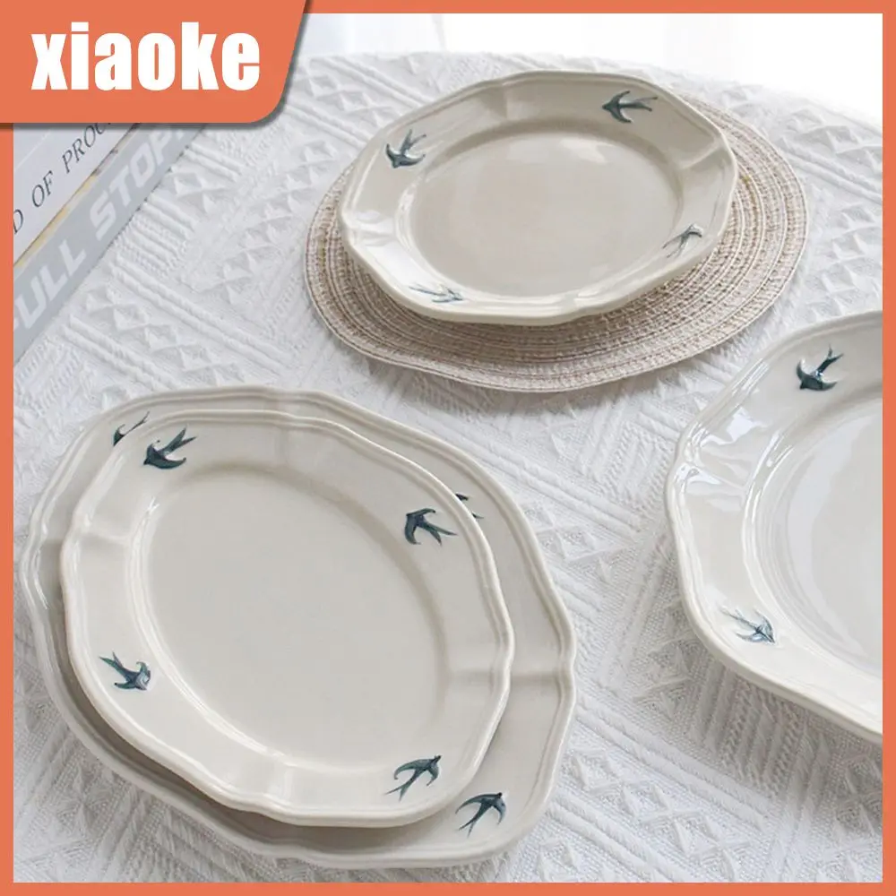 

Tableware Hand-painted Relief Plate Swallow Plate Egetable Plate Dessert Plate Household Steak Ceramic Disc Japanese Style Retro