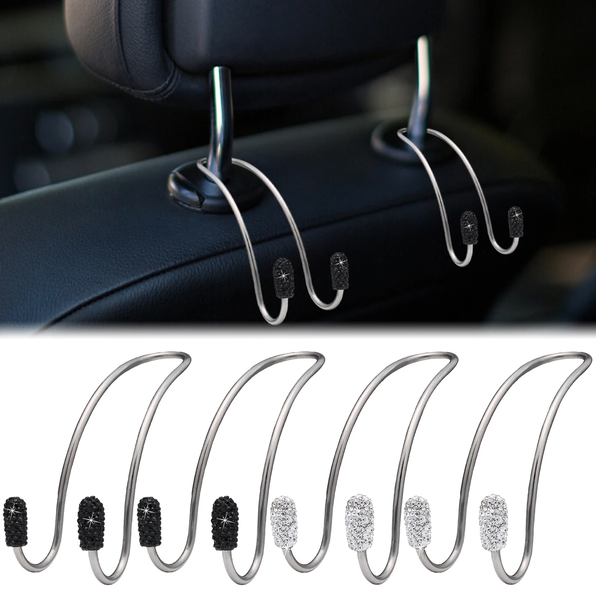 

New 2Pcs Car Back Seat Hooks Shiny Bling Auto Seat Hangers Rhinestones Car Storage Hooks Universal Car Seat Headrest Organizer