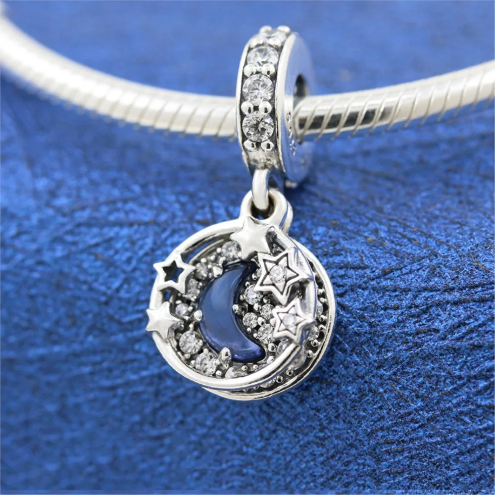 

Blue Night Sky Crescent Moon Stars Dangle Charm 925 Sterling Silver Bead Fit Original Pandora Bracelet Women DIY Jewelry Gift