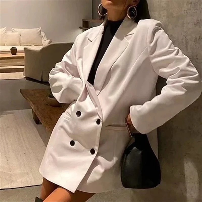 Simple White Blazer 2023 Women Bf Retro Double Breasted Solid Colors Casual Office Blazer Lady Fashion Mid-Length Wide Jackets