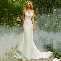 elegant sleeveless mermaid wedding dress lace applique illusion back bridal gown satin plain court train civil vestidos de novia