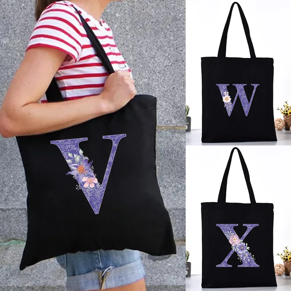 

Fashion Women Shoulder Canvas Bag Grocery Shopping Bags Folding Casual Handbag Large Capacity Girl Purple Flower Print Tote Pack