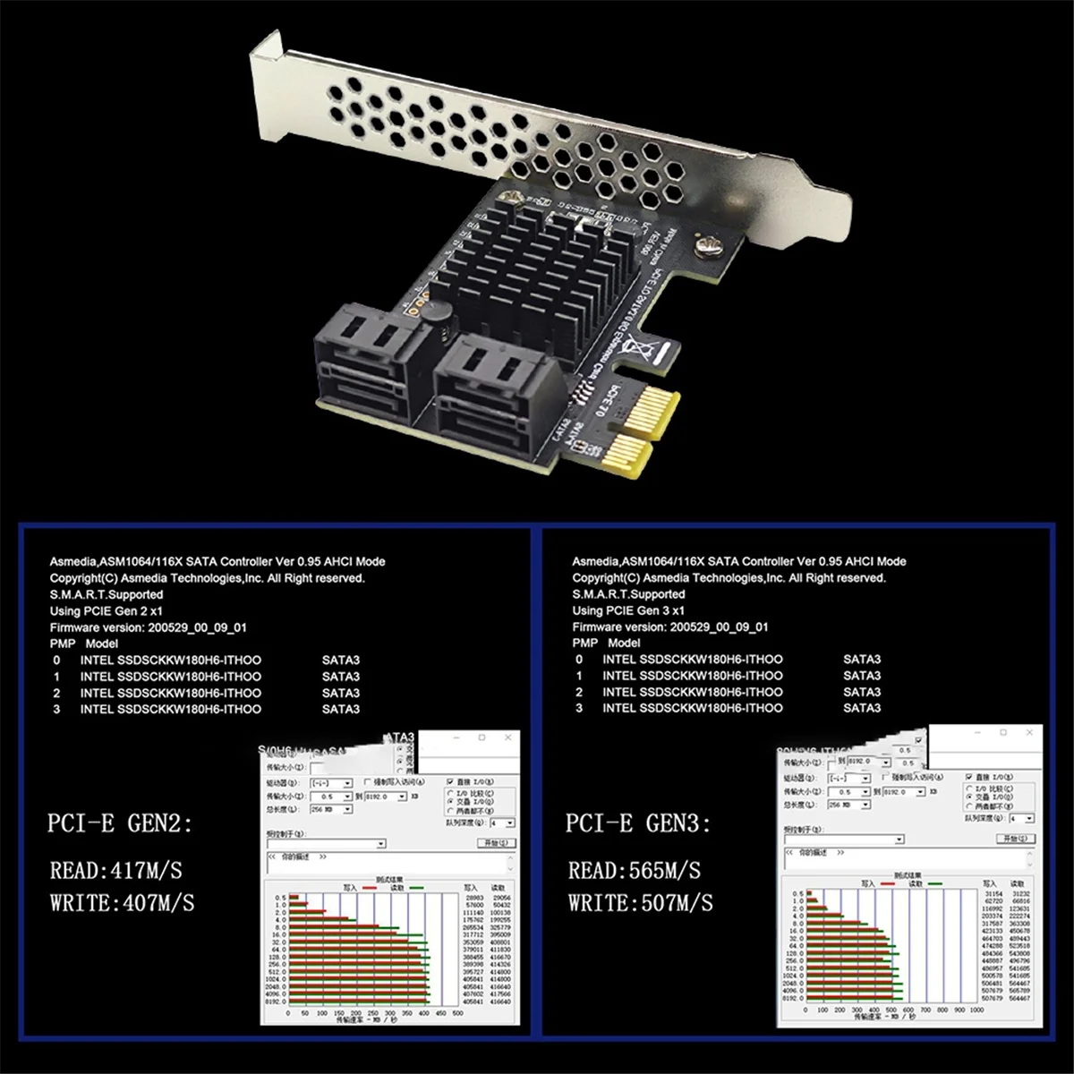Фото ABNJ Asm1064 Чип-адаптер жесткого диска SSD 4-портовая карта расширения SATA III PCIe 6 Гбит/с Контроллер SATA к PCI-E 1X №2