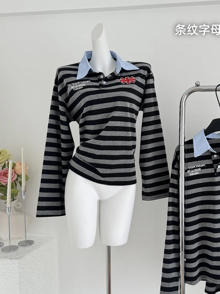 Осенние женские японские футболки с воротником-поло Y2k в Корейском стиле