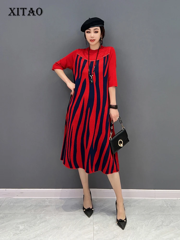 

XITAO Contrast Color Striped Knitting Dress Casual Fashion Simplicity Temperament Three Quarter Sleeve Sweater Dress FBB1417