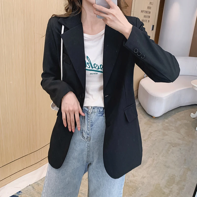 

Пиджак женский с длинным рукавом, модная одежда в Корейском стиле, повседневный свободный однотонный блейзер с воротником-костюмом, Houthion, на лето