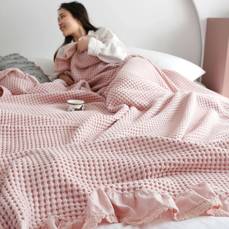 

100% Cotton Soft Bed Plaid Home Japenese Knitted Blanket Corn Grain Waffle Embossed Summer Ruffles Warm Plaid Throw Bedspread