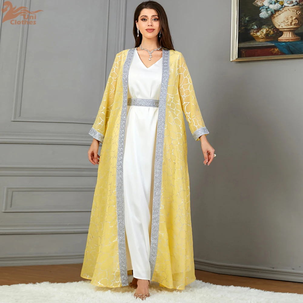 Модный комплект Uni Dubai с цветочным золотым тиснением открытое кимоно и белое
