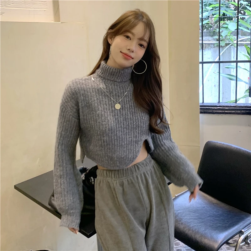 

GM1938 Winter 2022 New Short Spice Girl Design Wear Long Sleeve Knitted Top Irregular High Waist Sweater