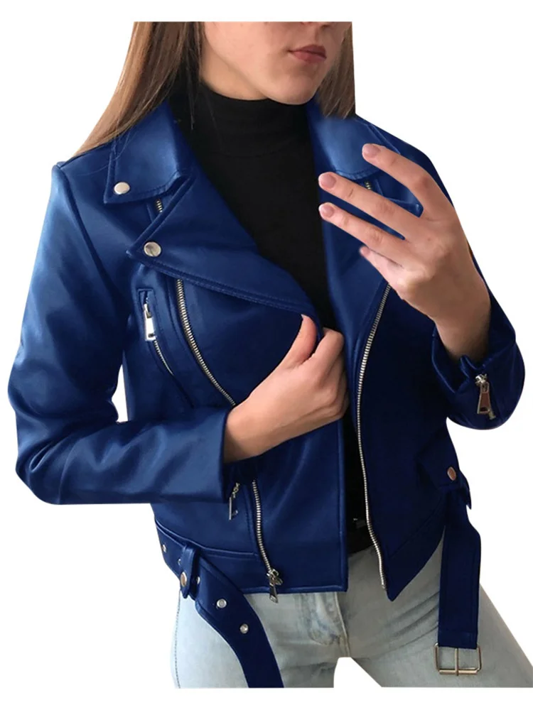 Leather Jacket Women Short Slim 2022 Spring Autumn New Fashion PU Coat Female Moto Clothing With Belt Red Blue Black Outerwear