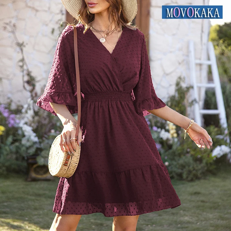 

MOVOKAKA Woman Vintage Summer Sexy Lace Dress Party Elegant Casual V Neck Vestids Office Lady Solid Folds Dots Chiffon Dresses