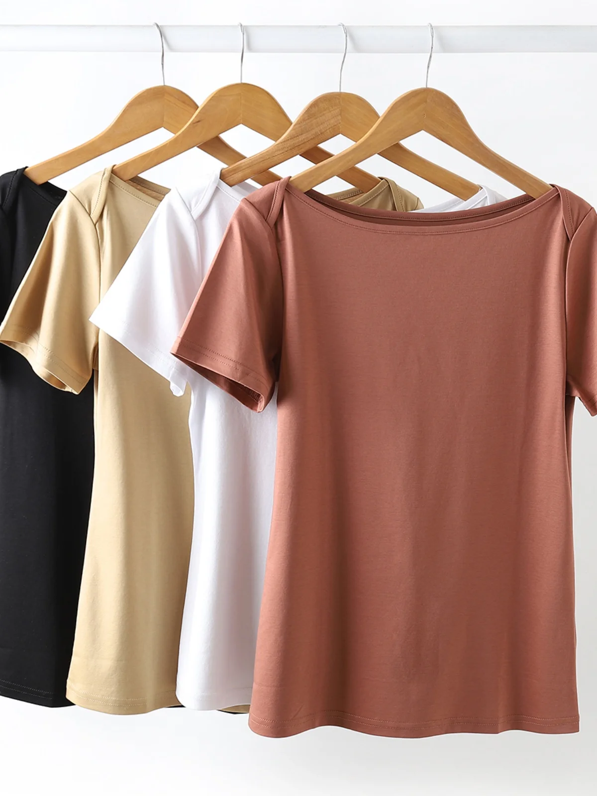 Fashion off-Neck Silk Mercerized Cotton Short sleeve T-shirt Women Slim fit Versatile Thin Inner wear Western Sle ... |