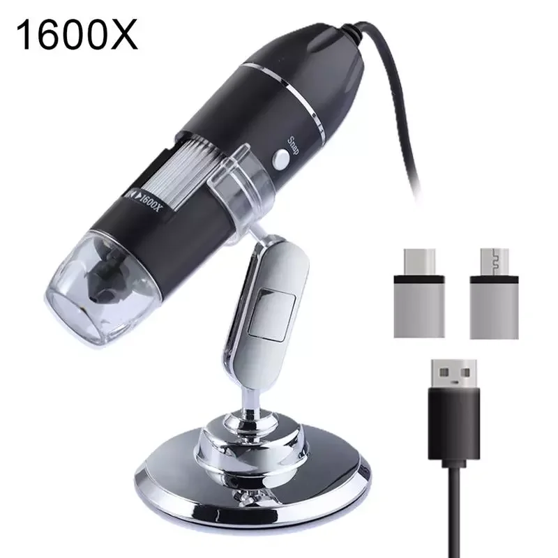

1600X 1000X 500X USB Microscope Handheld Portable Digital Microscope 3 In 1 Type-C USB Interface Electron 8 LEDs With Bracket