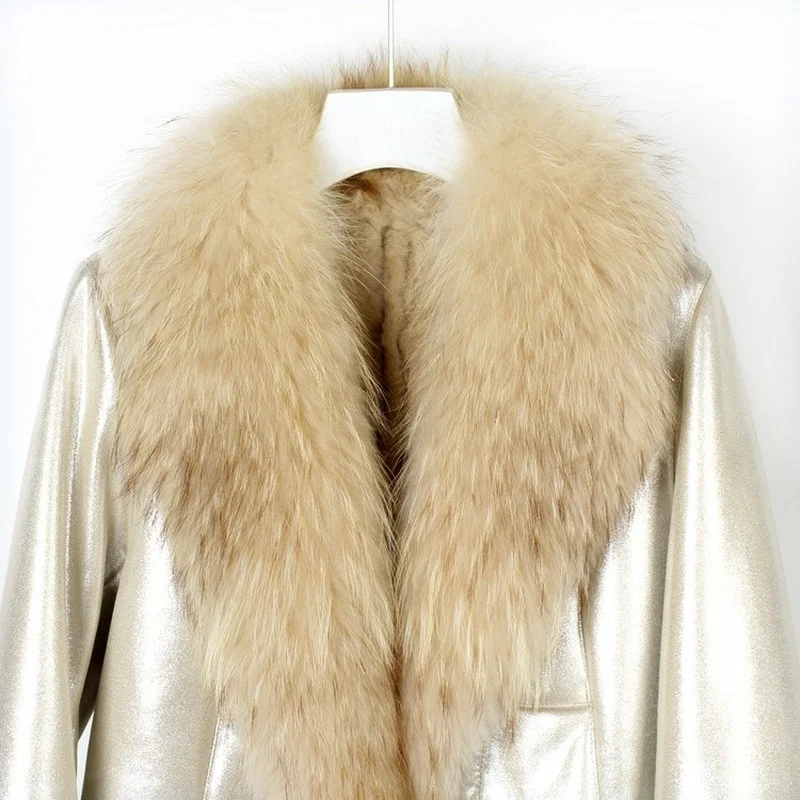 Natural Real Rabbit Fur Coat Jacket with Raccoon Fur Collar Waistcoat 2022 New Winter Female Fur Parka Trench