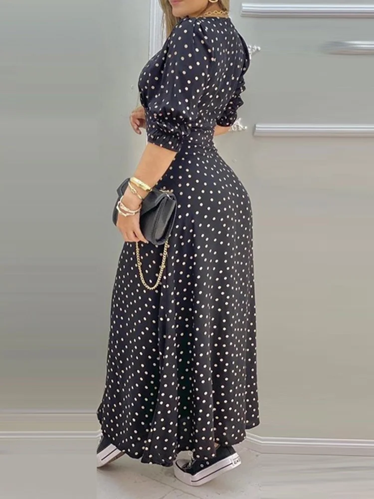 

Повседневное элегантное облегающее пикантное платье, платье макси в горошек с высоким разрезом и V-образным вырезом, женское летнее длинное платье с пышными рукавами, 2023