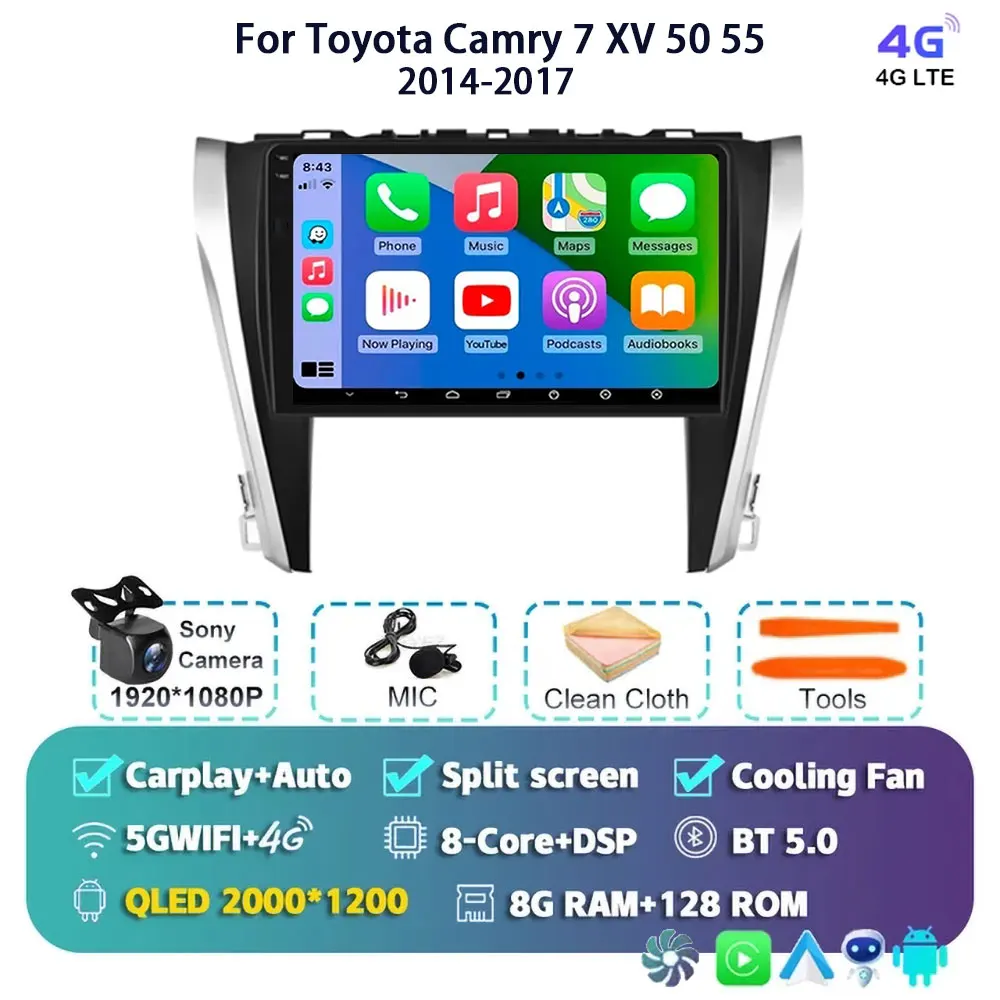 

Автомобильный радиоприемник Android 15 для Toyota Camry 7 XV 50 55 2014-2017, автомобильный радиоприемник, мультимедийный видеоплеер, навигация 5G, Wi-Fi, GPS, 2Din Carplay