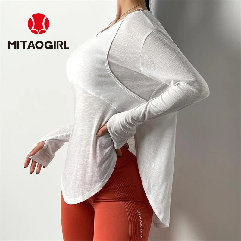 MITAOGIRL Lightweight Sports Blouse Women's Loose and Thin Long-sleeved Fitness T-shirt Running Breathable Yoga Clothes Top