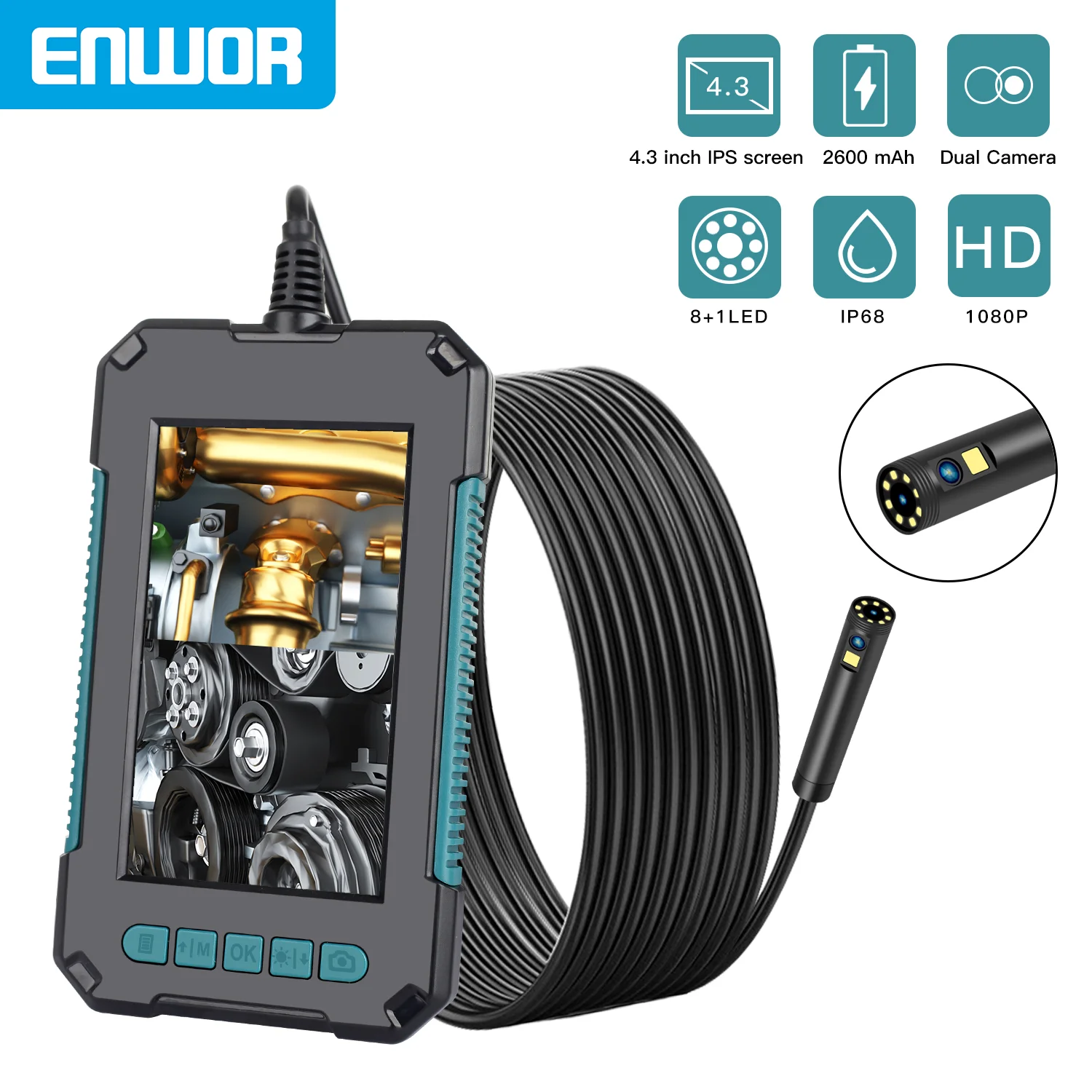 

ENWOR 4.3-inch Screen Endoscope Camera 5.5mm 1080P HD Rigid Cable IP68 Waterproof Dual Lens Inspection Borescope Mini Camera 8mm