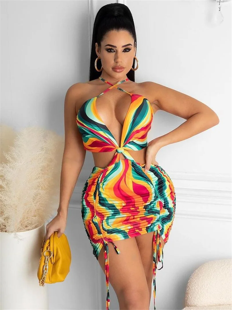 

wsevypo Color Block Printed Bodycon Dress Women Sexy Cross Halter Cutout Wrapped Mini Dresses Party Club Drawstring Ruched Dress