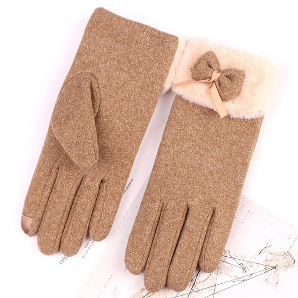 

Gloves Accessories Winter Warm Gloves for Women Plush Cuffs Bowknot Decor Touch Screen Windproof Ideal for Outdoor Riding