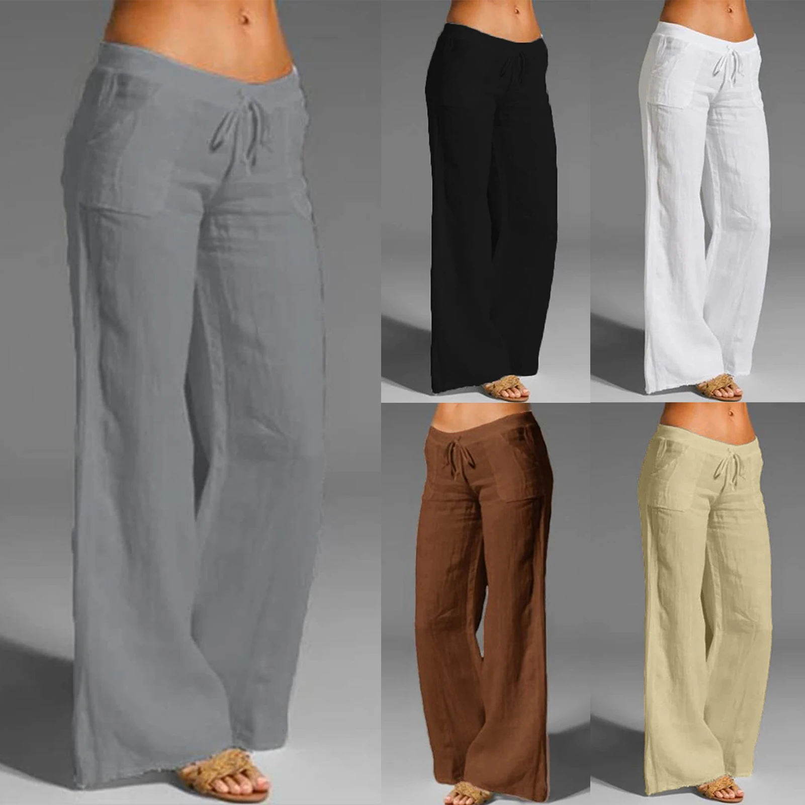 

Cotton Linen Wide Leg Pants Solid Color Pockets Women Straight Trousers Drawstring Summer Simple Vintage Streetwear