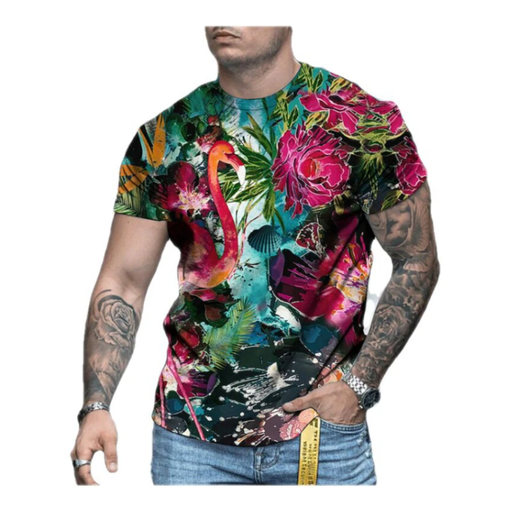 

2022 Summer Men's T-Shirt Street Style Botanical Floral Flamingo 3D Printing Quick Dry Breathable Casual New Crew Neck Shirt