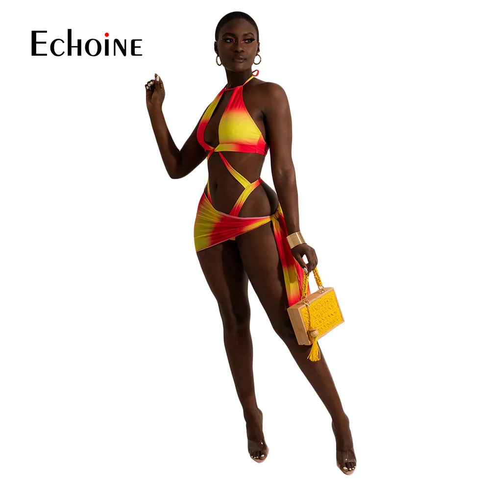 Купальник-бикини женский из трех предметов с градиентным принтом и лямкой на шее