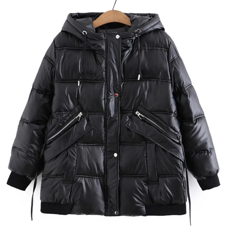6XL Plus Size Women Parka Fashion Wash-Free Shiny Short Down Cotton Jacket Winter Loose Warm Hooded Padde Coat Curves Clothing