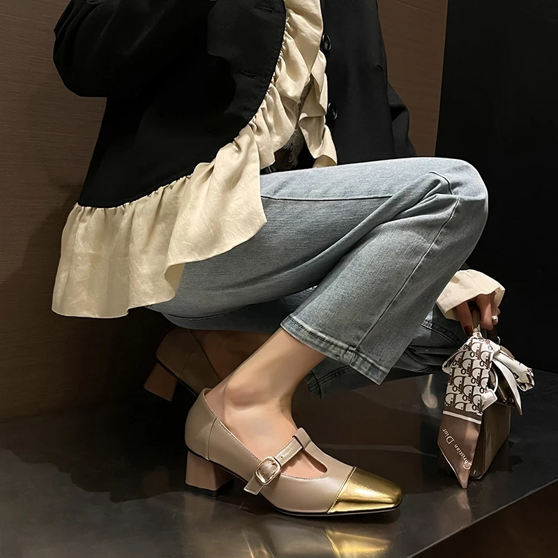 New Sheepskin Women's Shoes Square Headed Mid Heel Spliced Thin Strap Buckle Thick Heel Women's Shoes