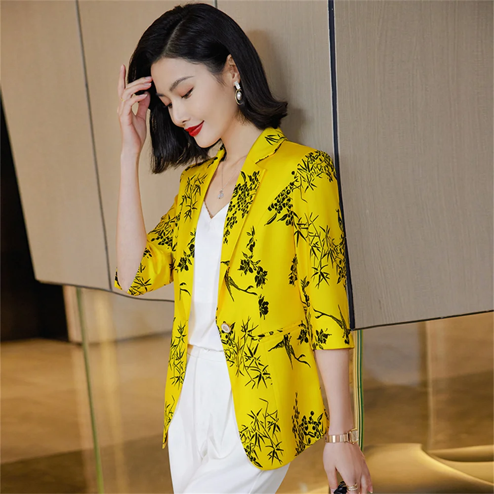 Women Printed Blazer Summer 2023 New in Female Casual Fashion Thin Slim Half Sleeve Coat Office Ladies Work Formal Jacket