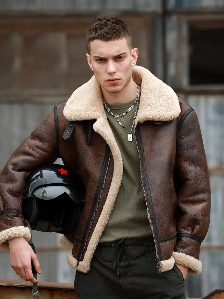 Винтажная мужская зимняя куртка из натуральной овчины Толстая шерстяная