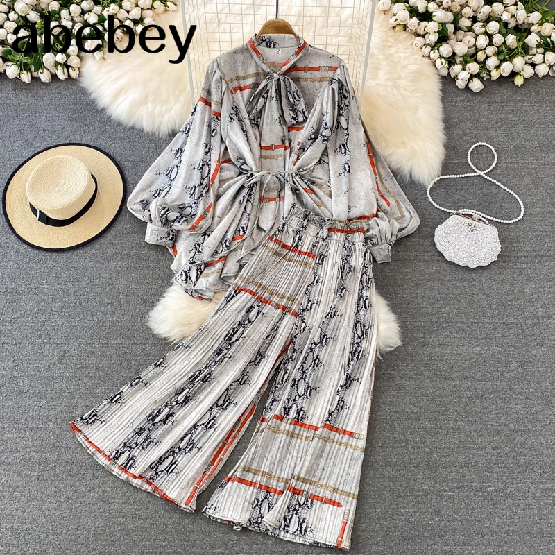 

2022 New Spring Autumn Fashion bow lace up Lantern Sleeve printed Shirt Top + high waist casual wide leg Pants two-piece set