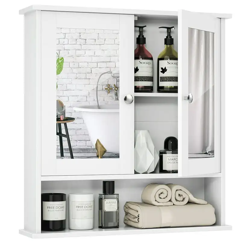 

Wall Cabinet Double Mirror Door Cupboard Storage Medicine Cabinet Shelf White