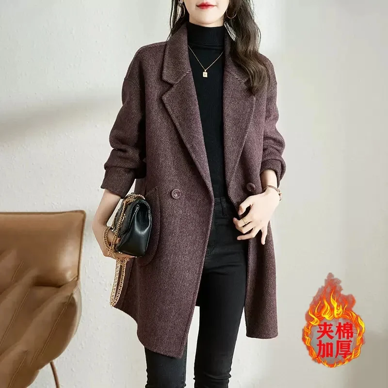 

Woolen Jacket Women's 2023 Autumn Winter New Korean Style Temperament Thickened Medium and Long Heingbone Pattern Woolen Coat