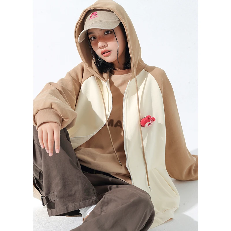 

Women Khaki Hooded Outerwear Sweatshirt Splicing Contrasting Colors Fashion Hip Hop Oversized Vintage Winter Cardigan Coat Tops
