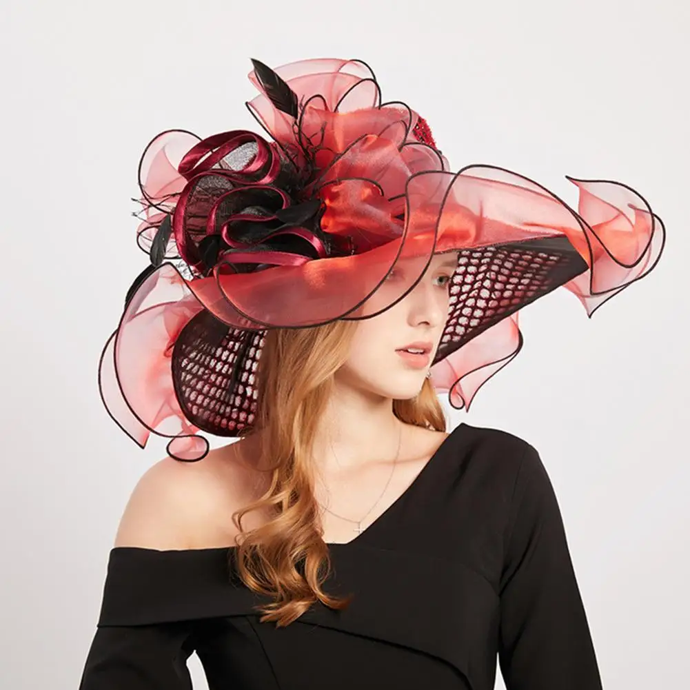 

Women Performance Hat See-through Mesh Flower Decor Wide Brim Medieval Curling Edge Hollow Out Banquet Cap Stage Show Cap