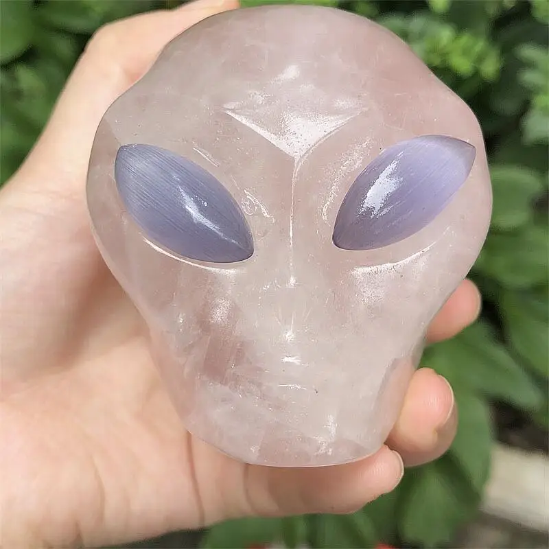 

Natural Crystal Healing Rose Quartz Alien Skull Hand Carved Reiki Halloween Ornaments Gift Home Decorations 1pcs