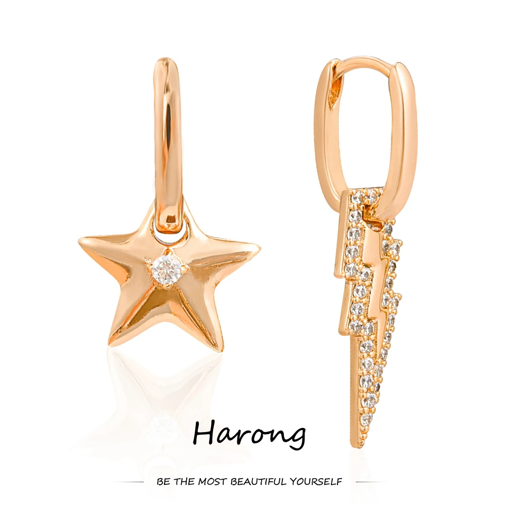 

Harong Trendy Star Lightning Hoop Earrings Crystal Studded Copper Women Girls Rose Gold Metal Earrings Jewelry Accessories