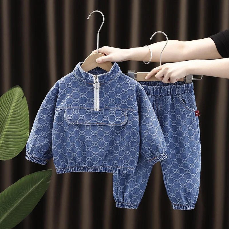 

Spring Baby Boys Set Long Sleeves Floral Denim Suit Kids Zipper Jacket Tops Pants 2pcs Set Casual Children Clothing Set Outfits