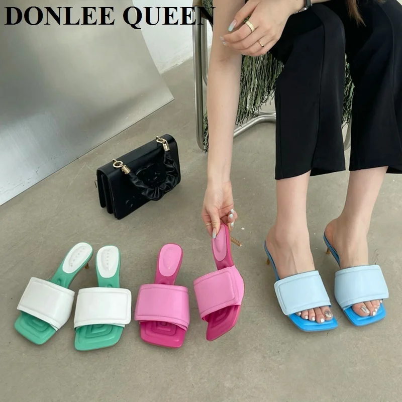 

2023 New Summer Slippers Women Fashion Shallow Slip On Slides Thin Mid Heels Party Mules Shoes Outdoor Flip Flops Sandalia Mujer